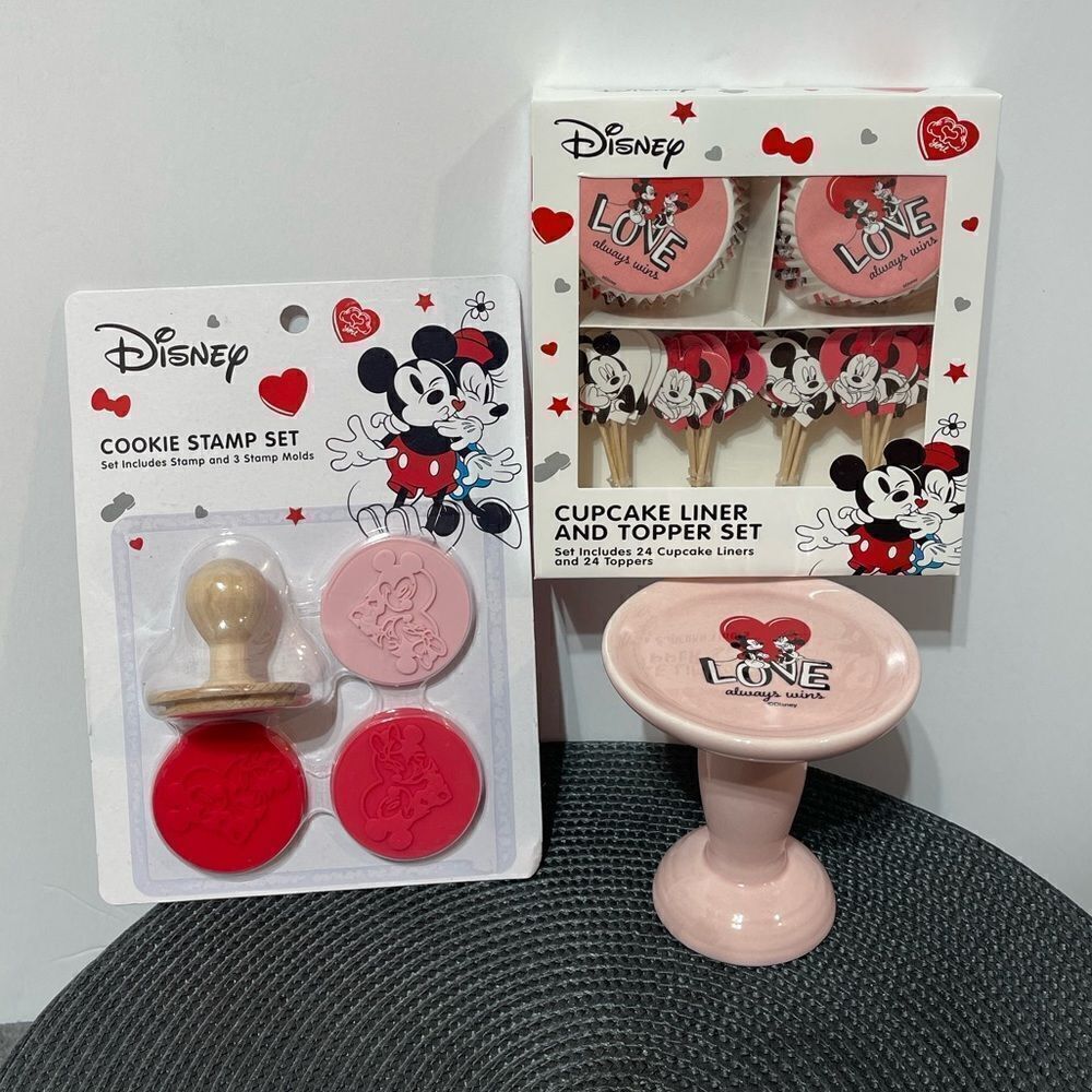 Disney Mickey & Minnie Cupcake Liners, Toppers, Cupcake stand, Cookie stamps NWT